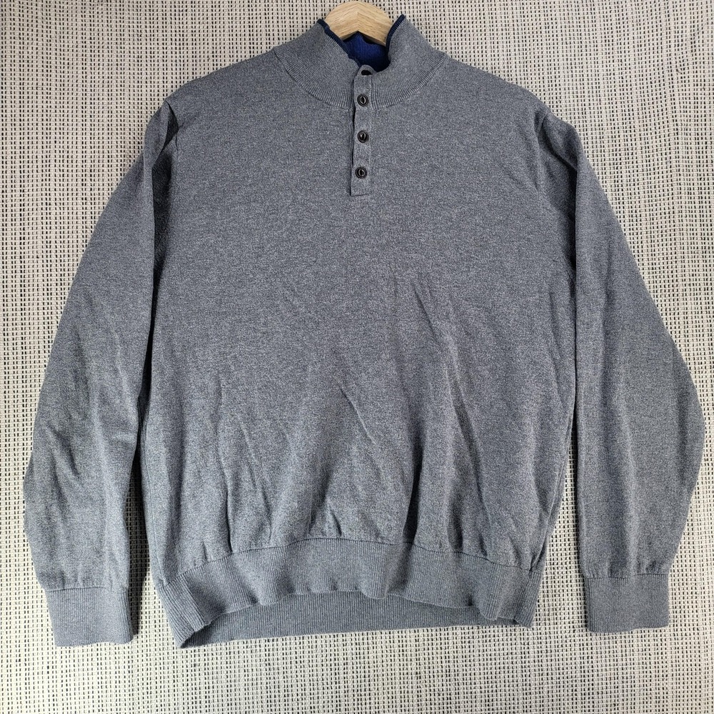 Lands End Sweater Mens‎ Large Gray Button Mock Neck Pullover Casual Knit Classic